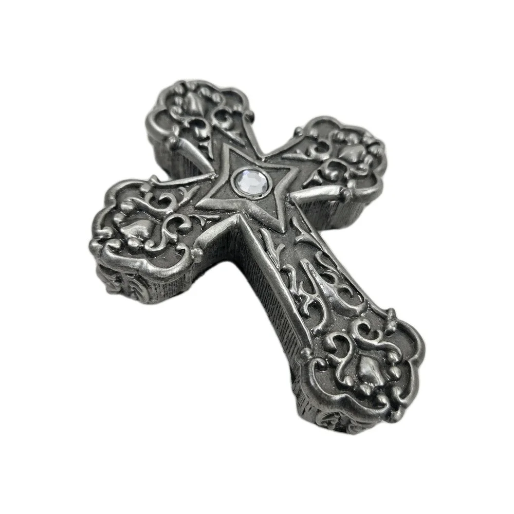 VTG  Pewter Color Ganz Cross Trinket Jewelry Prayer Box Black Enamel Lined MINT
